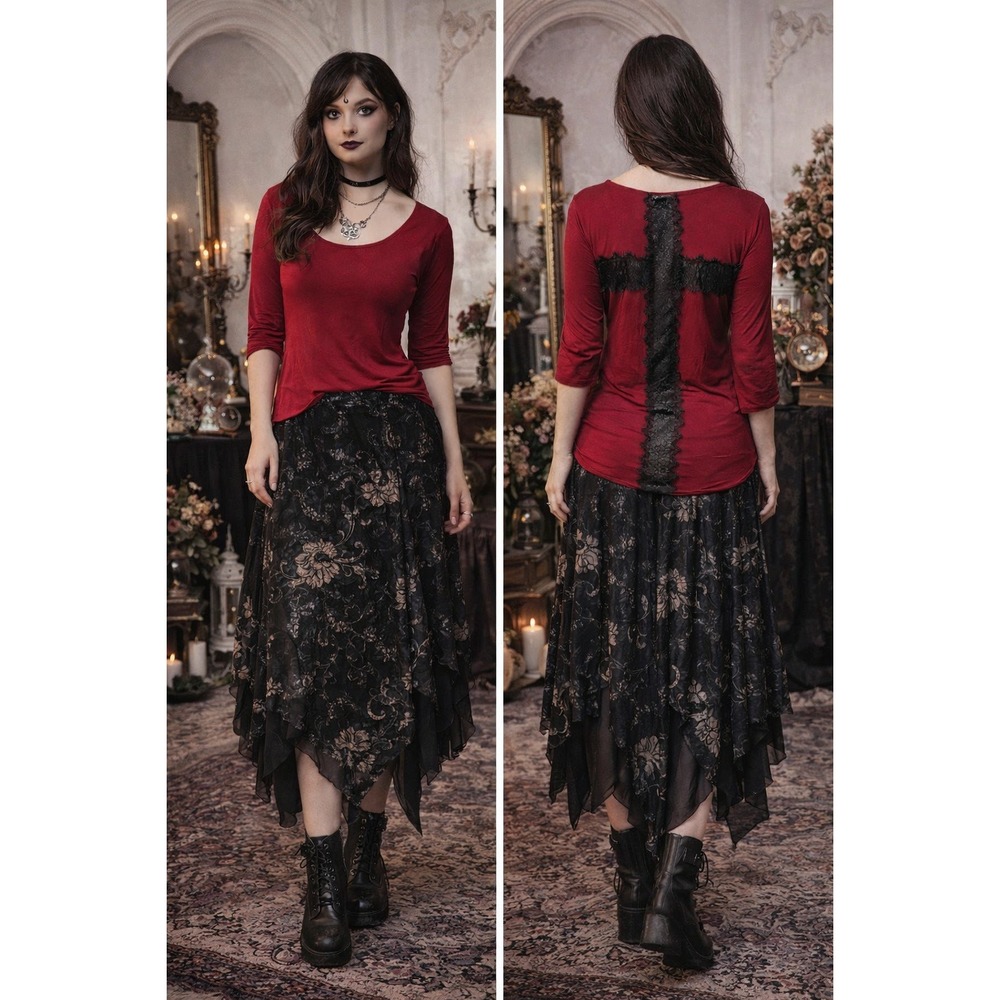 Whimsigoth Fairygrunge Y2K WitchyVamp RedBlack‎ Lace Cross Soft 3/4 Sleeve S Top